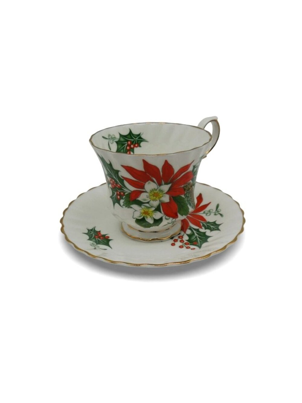 Vintage Queen Anne Noel Footed Teacup Saucer Bone China England Xmas